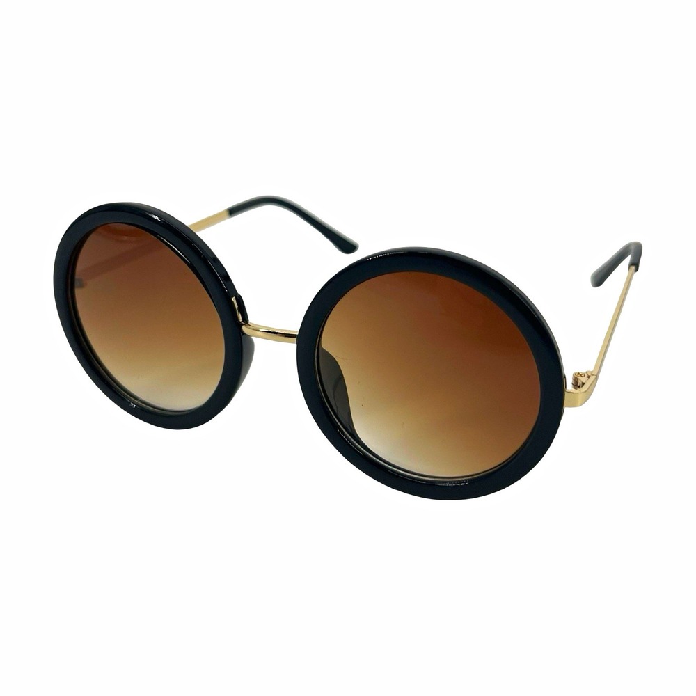 Oversized Round Sunglasses Black Gold Brown Gradient Lens Retro 70s Boho Glam